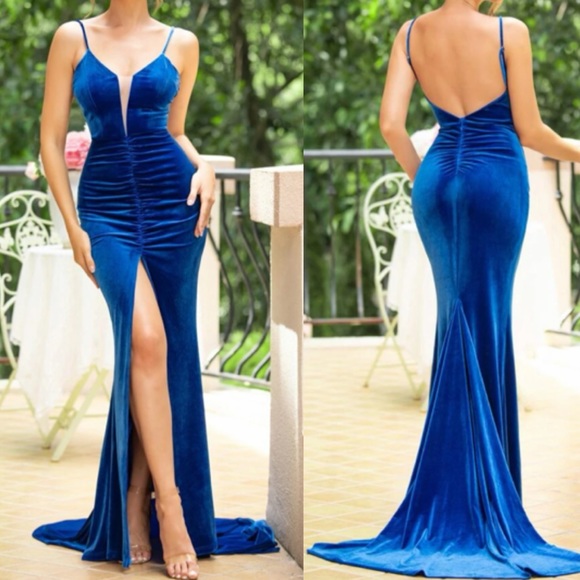 Luxe ruched slit thigh open back party formal holidays dress - Picture 1 of 9